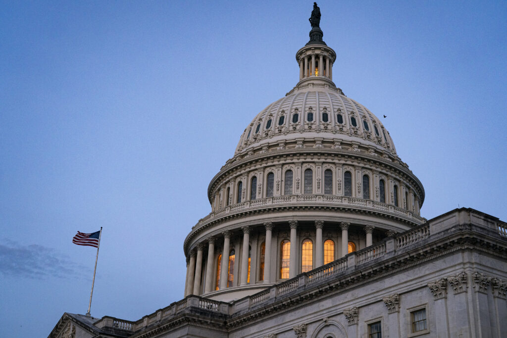 WASHINGTON, DC - JULY 1: The U.S. Capitol at dawn during a vote-a-rama, on July 1, 2025 in Washington, DC. Republican leaders are pushing to get President Donald Trump's so-called "One, Big, Beautiful Bill," Act through Congress and to his desk before the