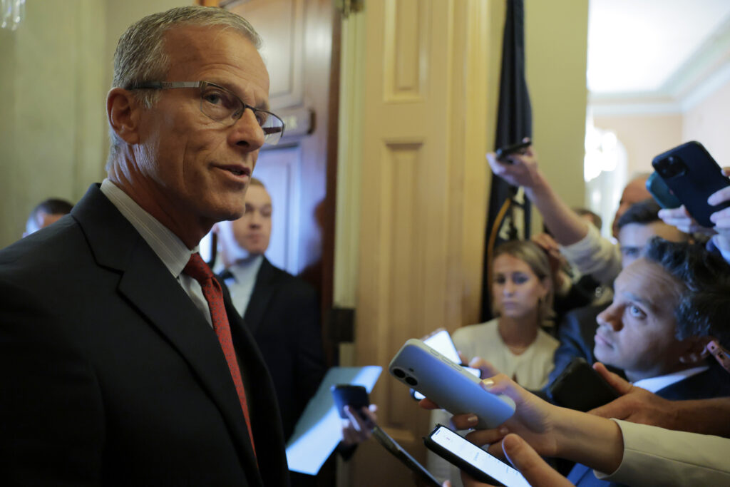 Senate Majority Leader John Thune speaks to reporters on July 28, 2025.