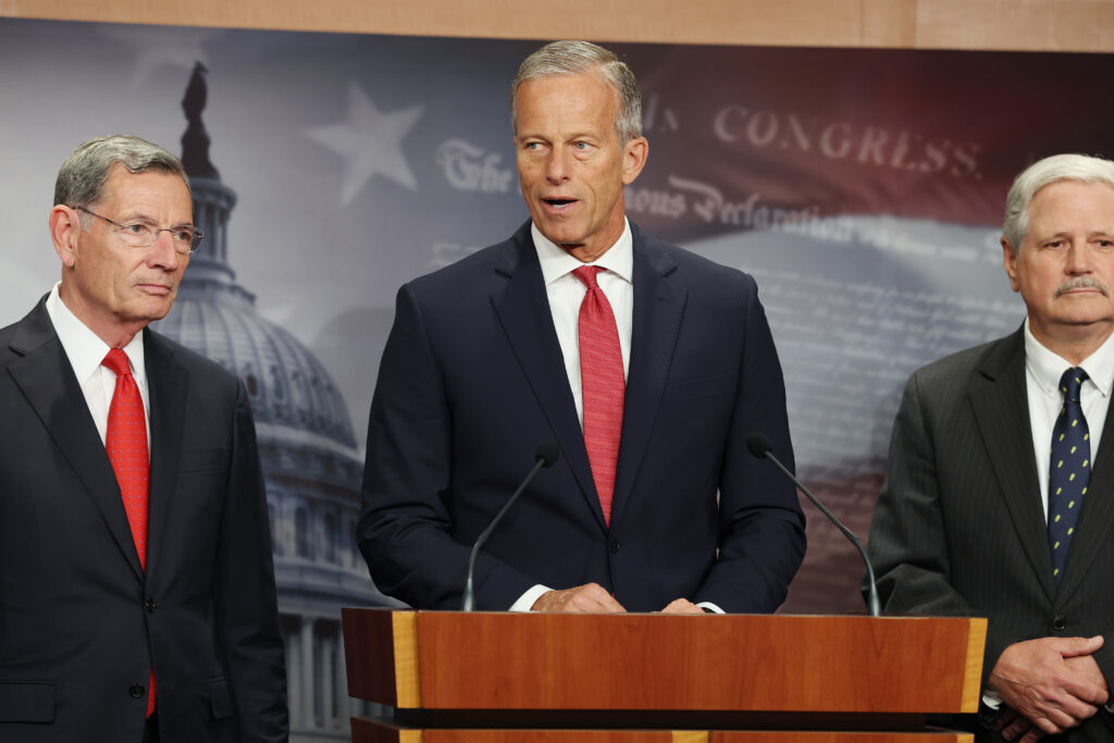Senate Majority Leader John Thune and Senate Majority Whip John Barrasso speak to the press ahead of government shutdown.