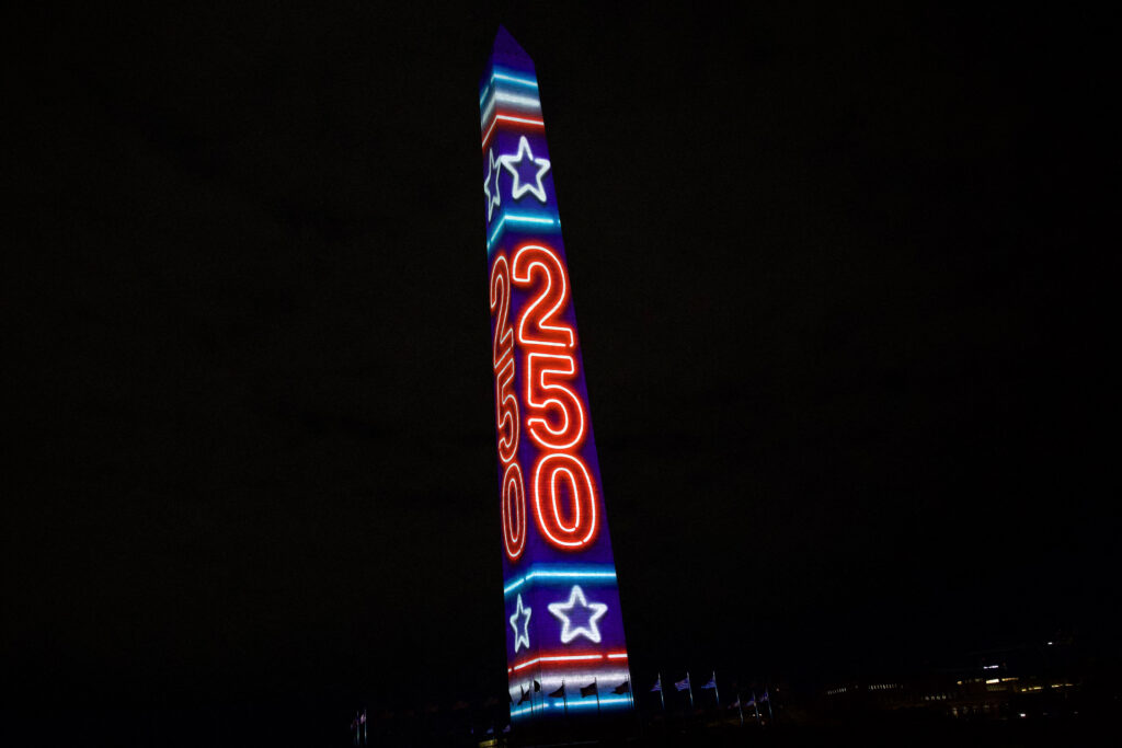 Washington Monument lights up with an America 250 display as the country heads into its 250th birthday in 2026.