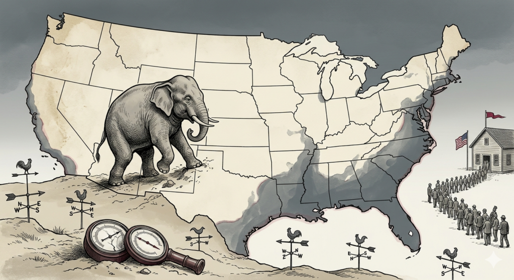 Vintage-style illustration of a Republican elephant standing on a map of the United States with the Southern states shaded gray, surrounded by weather vanes, a compass, and voters lined up at a polling station