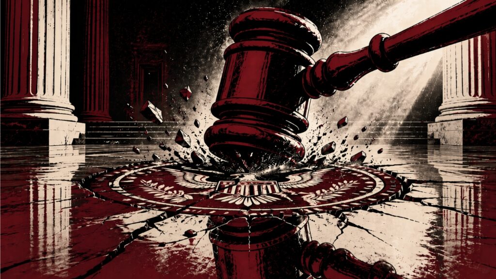 Dark stylized illustration of an oversized red gavel slamming down and shattering a marble floor bearing the seal of American justice between classical columns