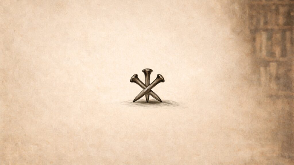 Three crossed railroad spikes on aged parchment background