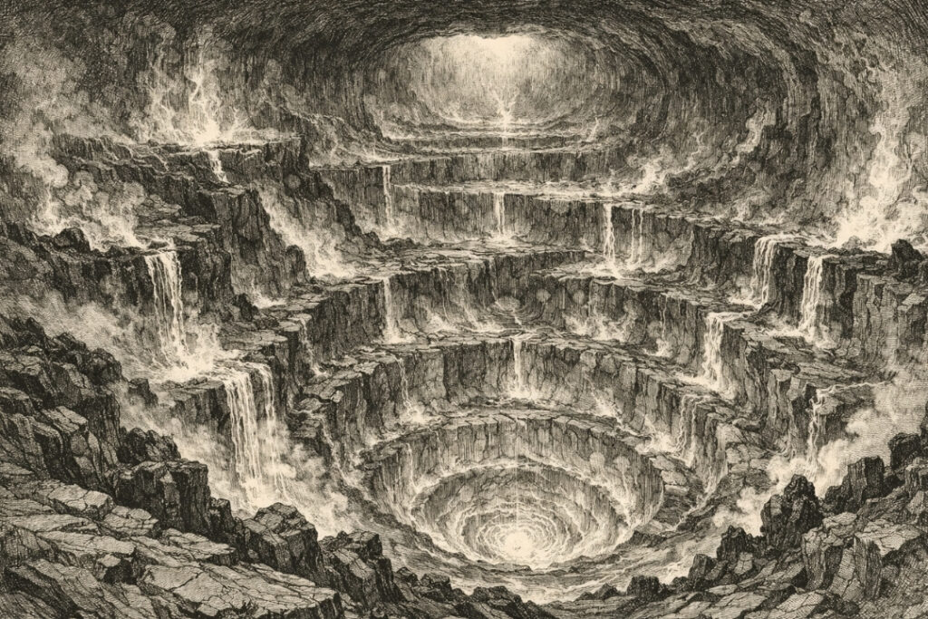 Vintage engraving-style illustration of a vast tiered chasm with cascading waterfalls descending into a dark circular abyss, evoking Dante's Inferno