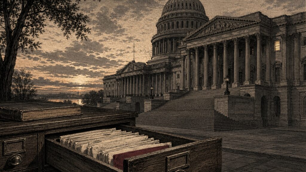 Antique engraving of the U.S. Capitol building at dusk with an open file drawer of documents in the foreground