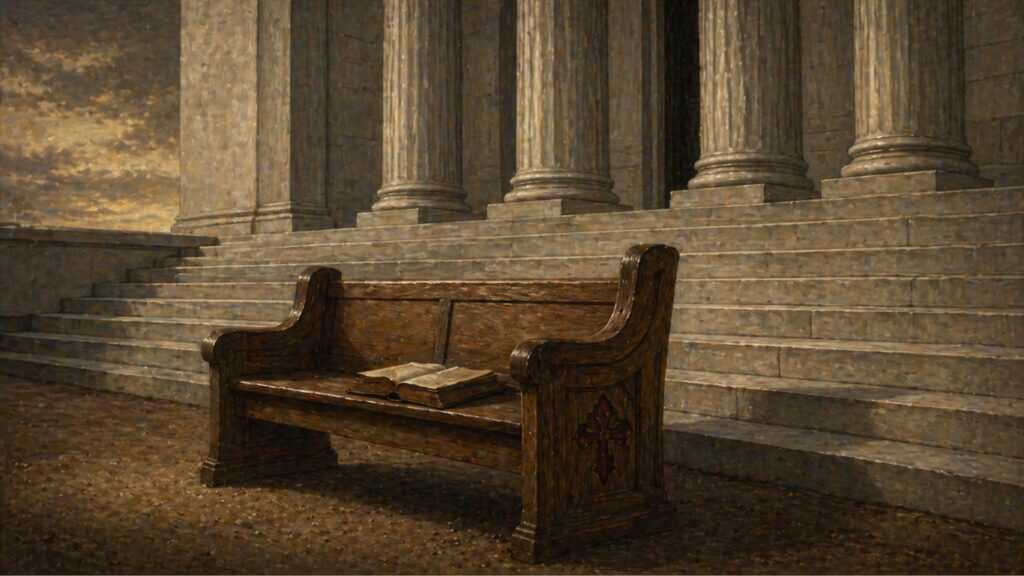 Painterly illustration of an empty wooden church pew bearing an open Bible, set against marble columns and stone steps at golden hour