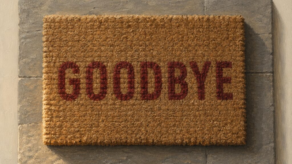Photorealistic image of a woven doormat with the word "GOODBYE" stenciled in dark red, set on a gray stone entryway