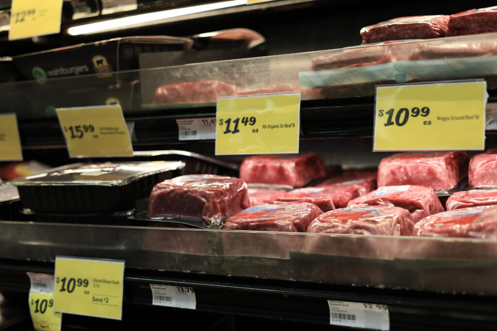 Meat is on display on a grocery store's shelves on March 11, 2026, in Miami, Florida.