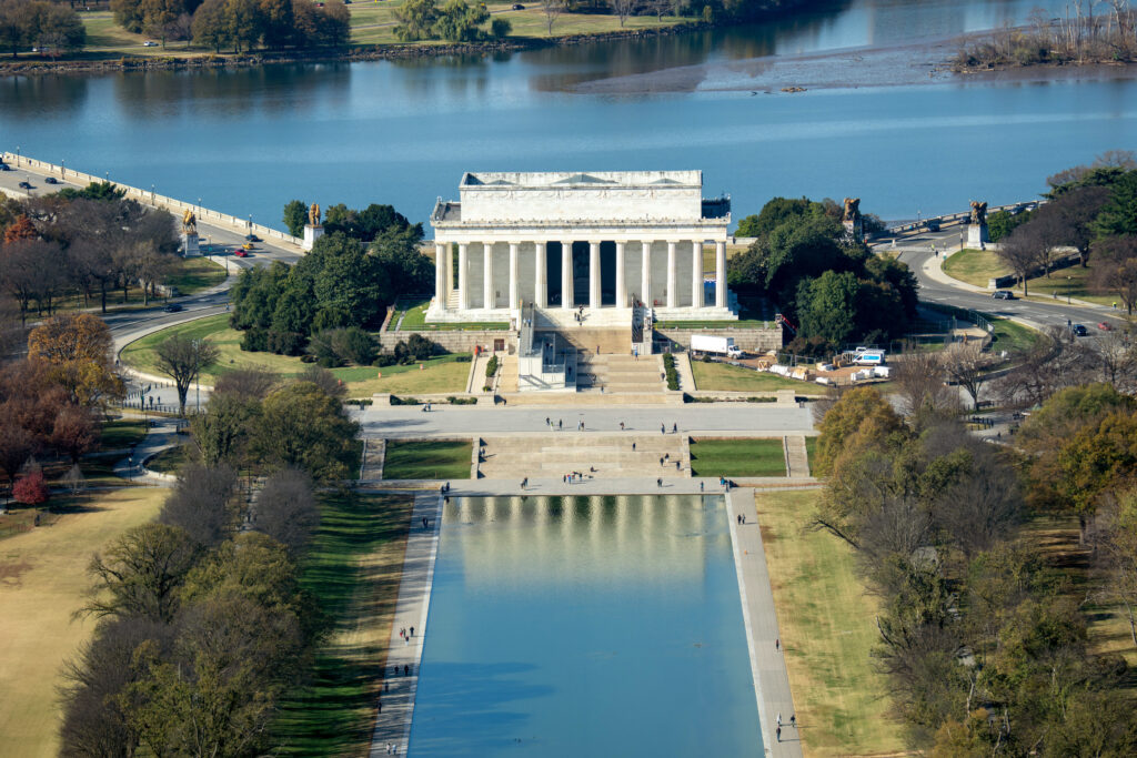 The Lincoln Memorial as seen from the newly reopened Washington Monument on November 14, 2025 in Washington, DC.