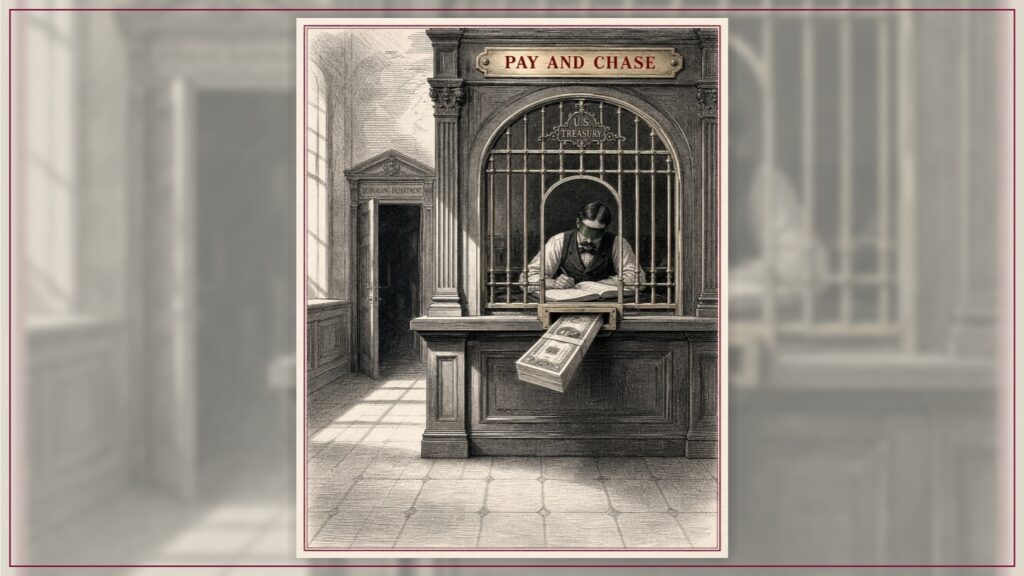 Vintage engraving-style illustration of a teller's window labeled "PAY AND CHASE" with a clerk handing over a stack of cash