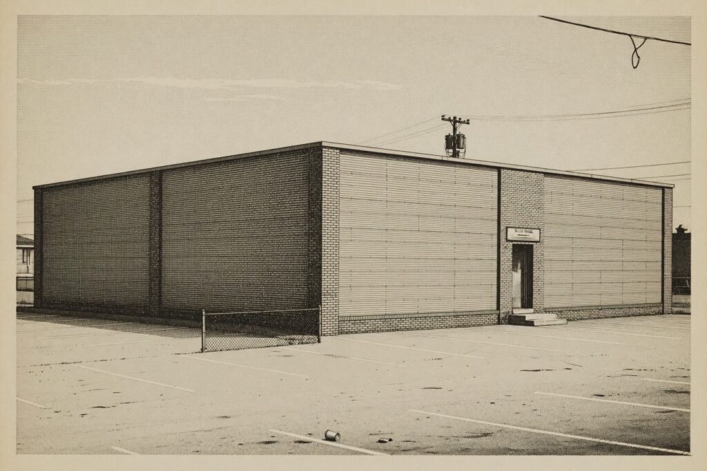 Engraving of a windowless, low-slung brick office building beside a cracked empty parking lot, depicting a Medicaid fraud storefront in the style of a 19th-century editorial illustration.