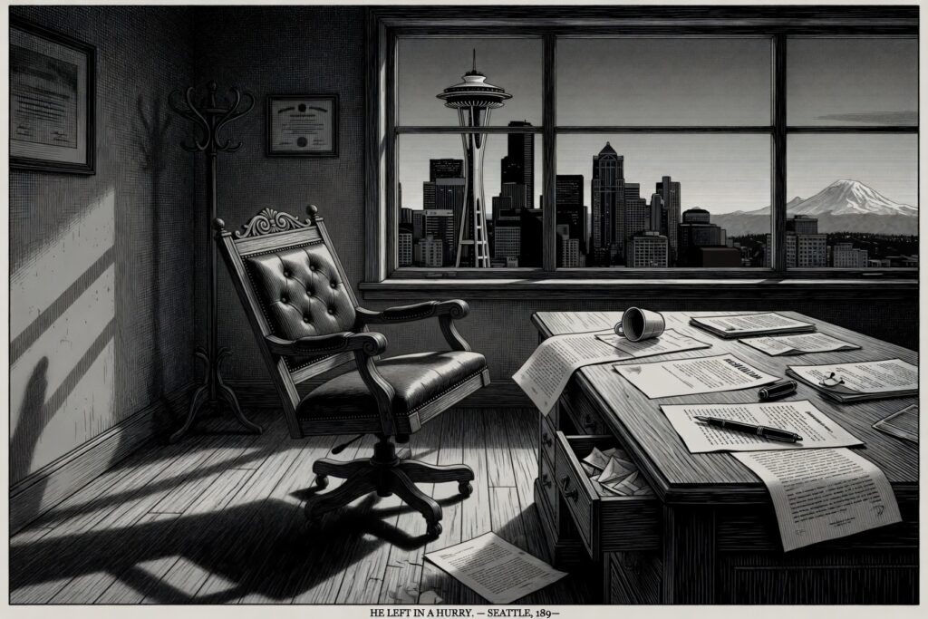Empty executive chair turned from a paper-strewn desk, with the Seattle skyline, Space Needle, and Mount Rainier framed in the window behind. 19th-century engraving style.