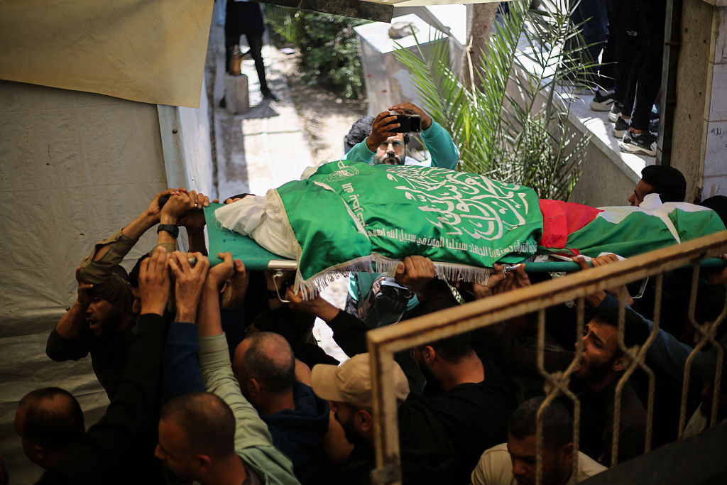 A funeral is held for Izz ad-Din al-Haddad, commandeer of Hamas's military wing, and his wife and daughter on May 16, 2026 at the Al-Aqsa Martyrs Mosque in Gaza City, Gaza.