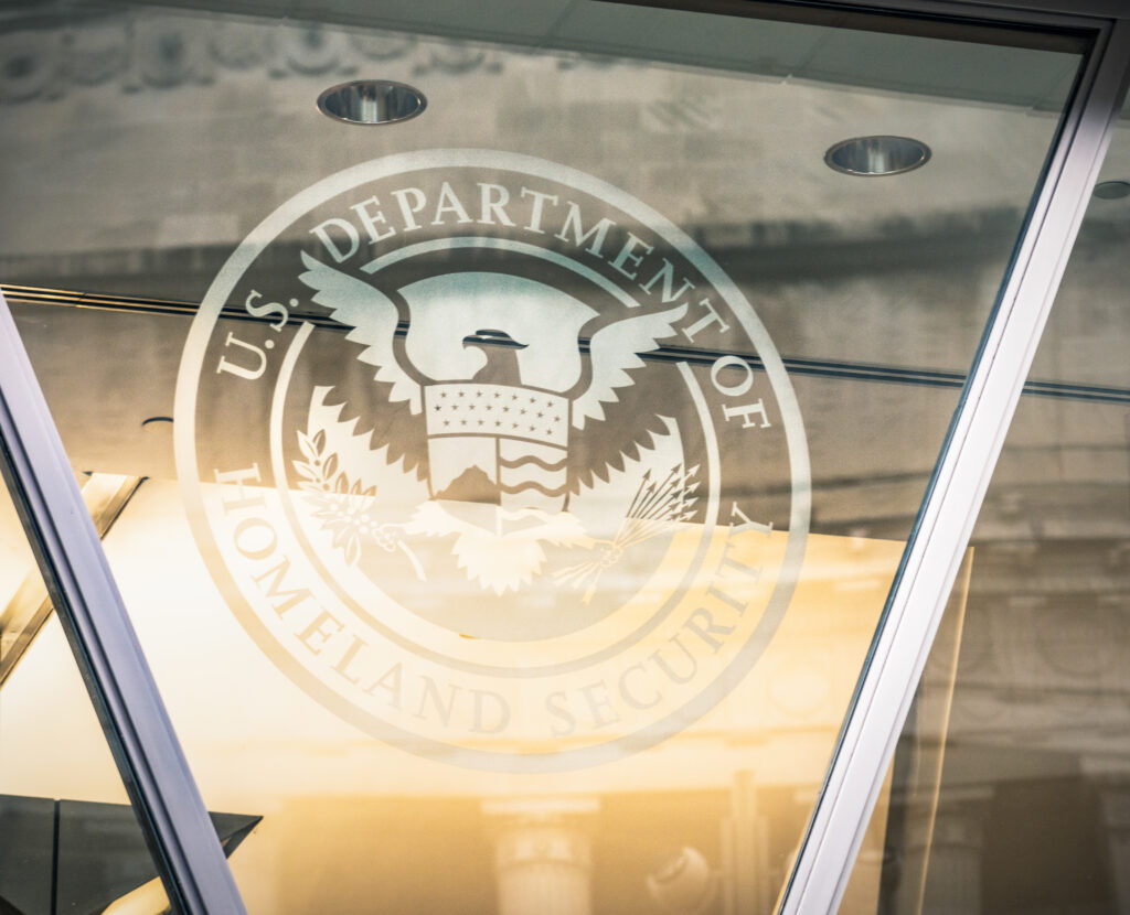 A sign on the exterior of the building that houses the United States Homeland Security Department in Washington, D.C.