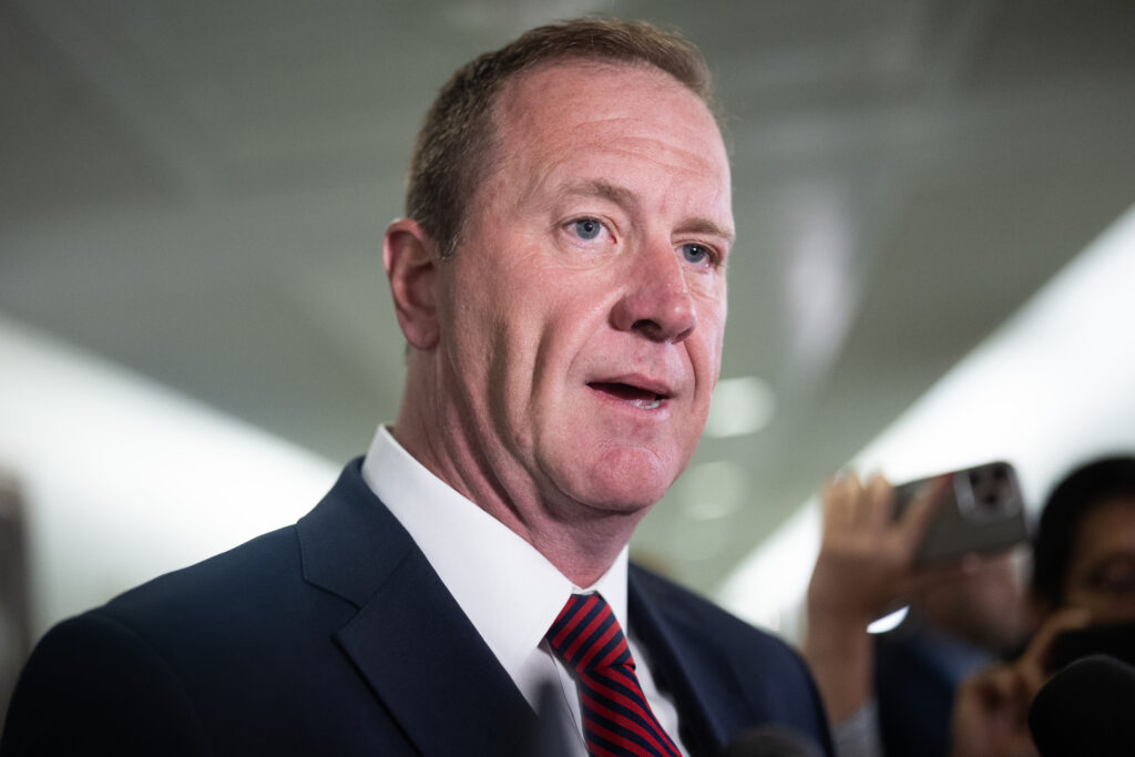 Sen. Eric Schmitt, R-Mo., talks with reporters in Dirksen building on Wednesday, July 15, 2026.